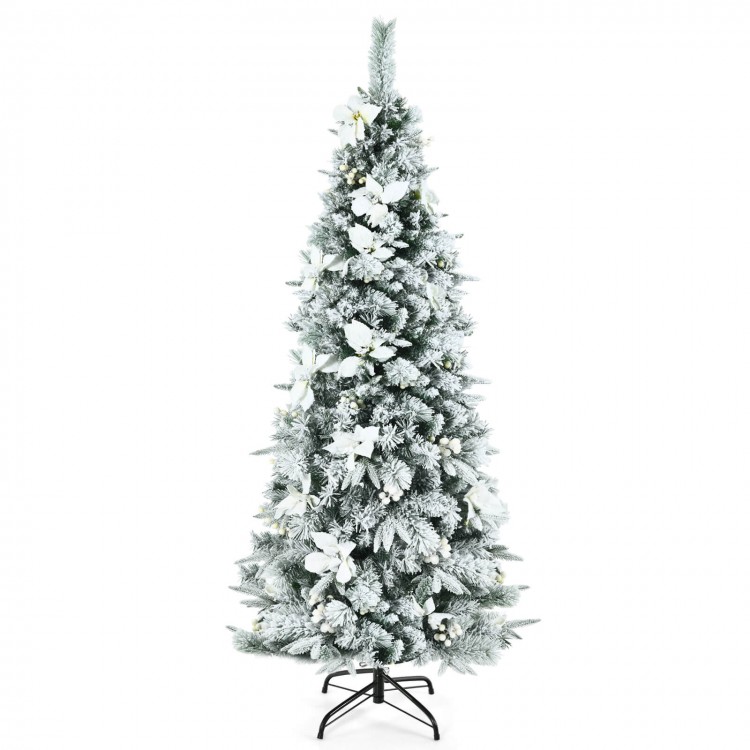 6ft snow flocked Christmas pencil tree with white berries and poinsettia flowers, perfect for festive holiday decor.