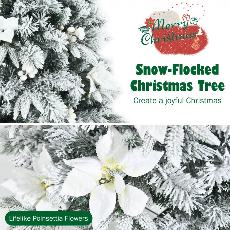 Snow-flocked 6ft Christmas pencil tree with white berries and poinsettia flowers, perfect for festive holiday decor.
