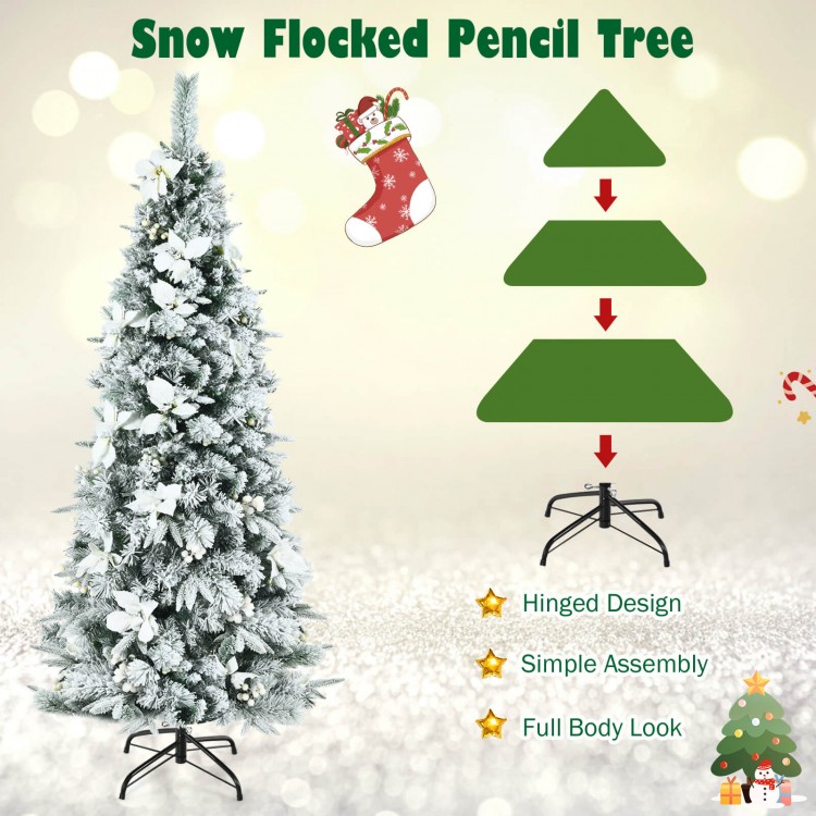 6ft snow flocked Christmas pencil tree with white berries and poinsettia flowers, featuring a hinged design for easy.