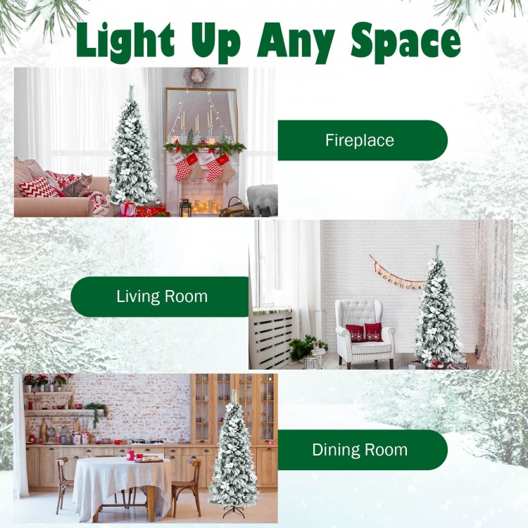 Snow flocked 6ft Christmas pencil tree with white berries and poinsettia flowers, perfect for festive home decor.