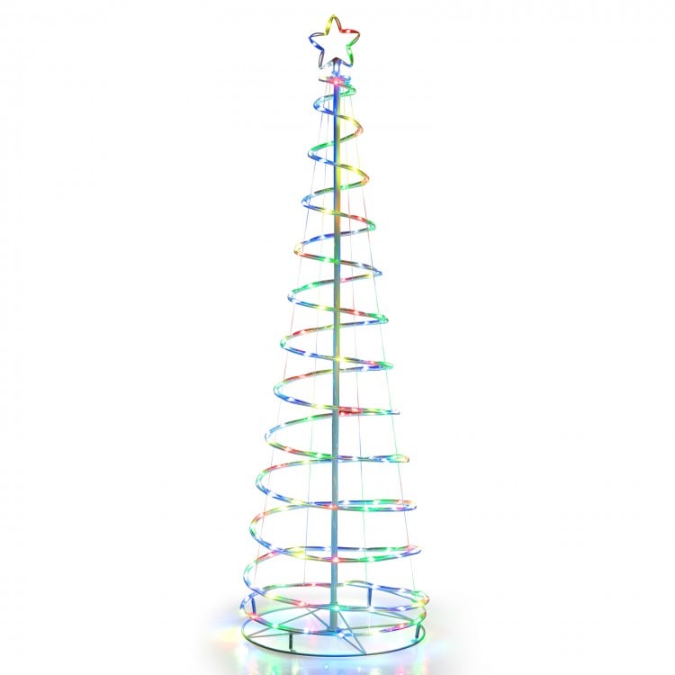 Spiral Christmas tree with 135 colorful lights and a star top, designed for easy assembly and stable outdoor use.