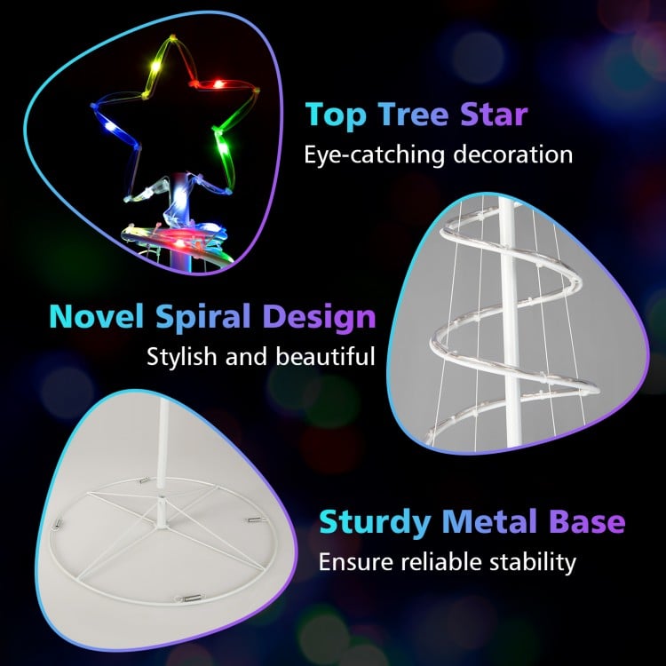 Light up spiral Christmas tree with a star topper, featuring 135 multi-color lights for festive outdoor decoration.