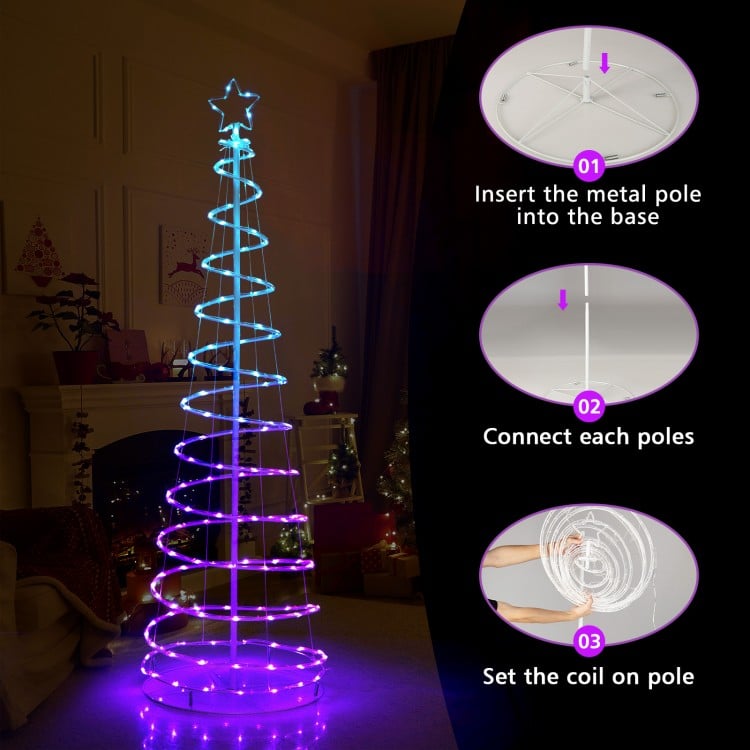 6 feet light-up spiral Christmas tree with top star, featuring 135 multi-color lights for festive outdoor decoration.