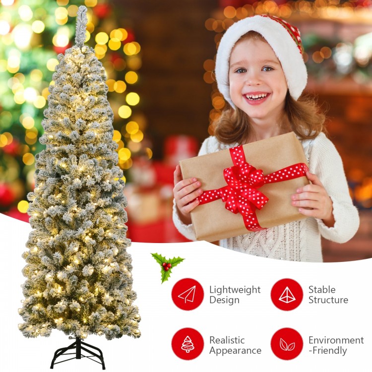 6 feet pre-lit snow flocked artificial pencil Christmas tree with 250 LED lights, perfect for limited spaces.