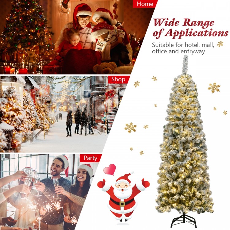 6 feet pre-lit snow flocked pencil Christmas tree with 250 LED lights, perfect for festive decoration in limited spaces.