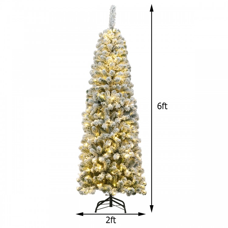 6ft pre-lit snow flocked artificial pencil Christmas tree with 250 warm LED lights, perfect for small spaces.