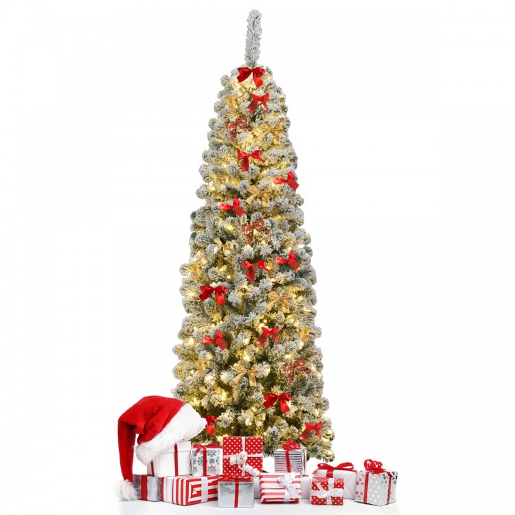 Snow flocked 6 feet pre-lit pencil Christmas tree with 250 warm LED lights, perfect for limited space holiday decor.