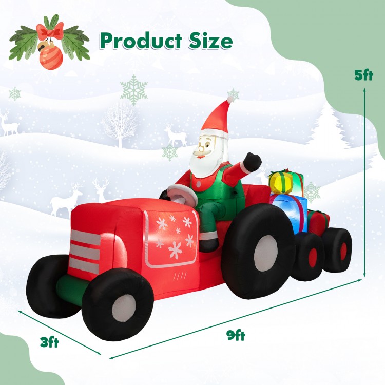 Santa Claus on a tractor with gifts, 9 feet long, LED lights, durable polyester, perfect for holiday yard decoration.
