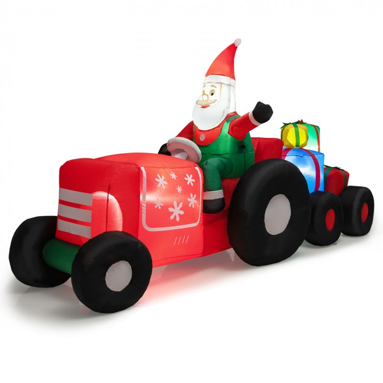 Santa Claus on a tractor with gifts, 9 feet long, featuring LED lights for festive outdoor holiday decoration.