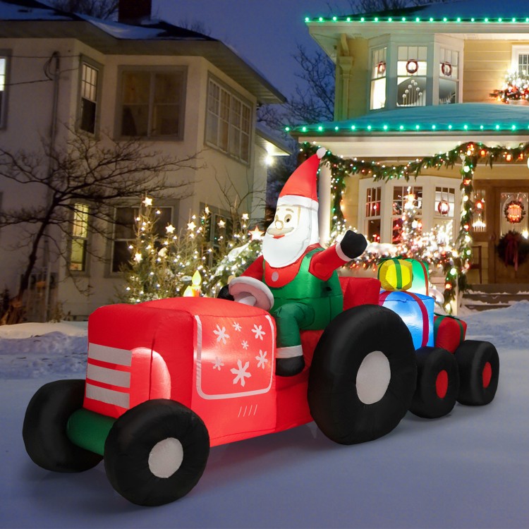 Santa Claus on a tractor with gifts, 9 feet long, bright LED lights, perfect for festive outdoor holiday decoration.