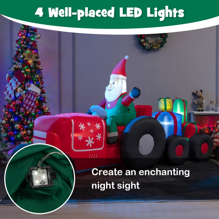 Santa Claus inflatable decoration with gifts, 9 feet long, featuring bright LED lights for festive outdoor display.
