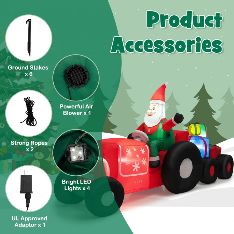 Santa Claus inflatable decoration with gifts, 9 feet long, features bright LED lights and durable polyester for outdoor.
