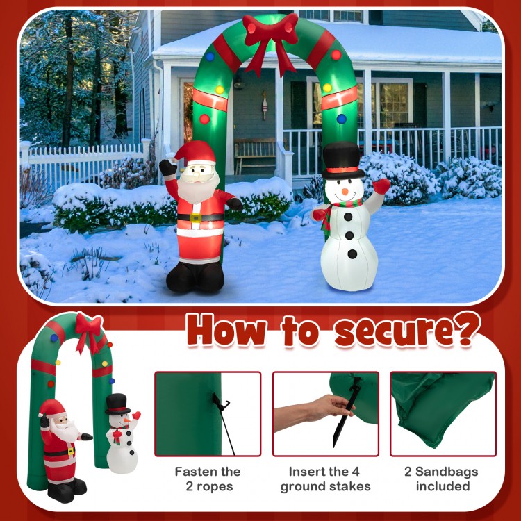 8-foot Christmas inflatable archway featuring Santa Claus and a snowman, designed for festive outdoor decoration.