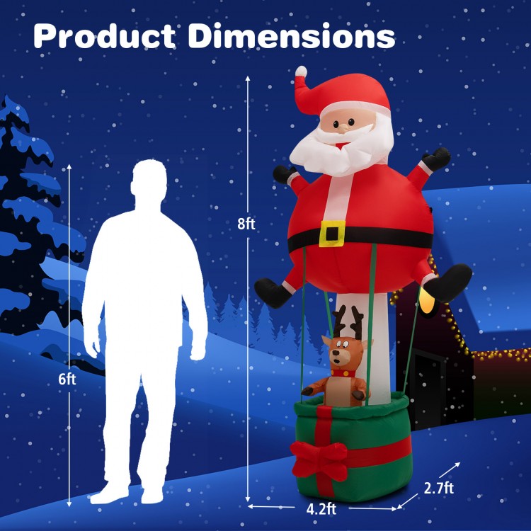 8-foot inflatable Santa Claus and reindeer with LED lights, shown with dimensions for outdoor holiday decoration.