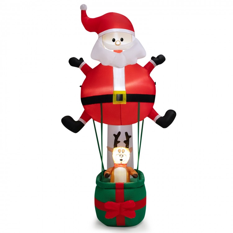 8-foot inflatable Santa Claus with reindeer, featuring LED lights, durable polyester, and stable design for outdoor.