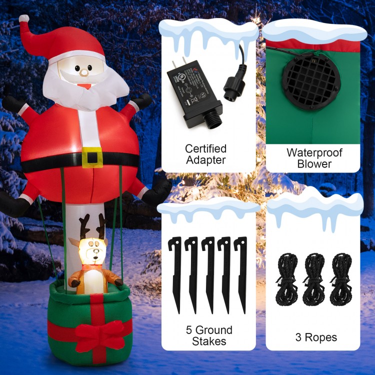 8-foot inflatable Santa Claus and reindeer with LED lights, waterproof fabric, and included ground stakes for outdoor.