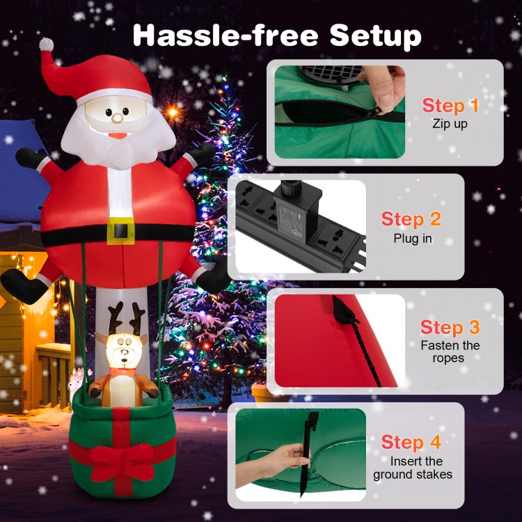 8-foot inflatable Santa Claus and reindeer with LED lights, featuring a blower for easy setup and durable waterproof.