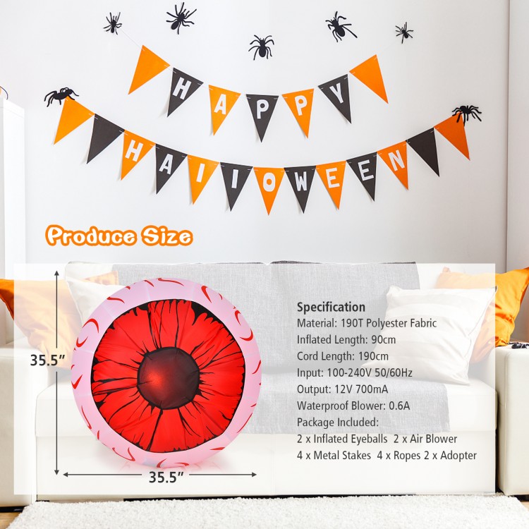 Inflatable Halloween eyeball decoration, 3 feet, made of waterproof polyester, with LED lights for a spooky atmosphere.
