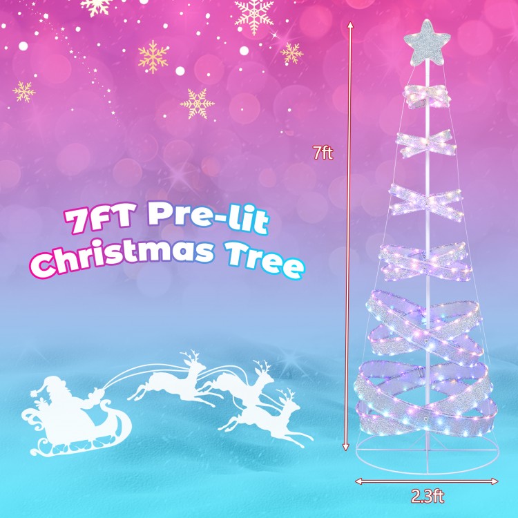 7FT outdoor spiral Christmas tree with 341 LED lights, perfect for festive decoration at parties and events.