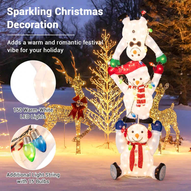 Stacked snowmen Christmas decoration with 150 warm-white LED lights, perfect for indoor or outdoor holiday decor.
