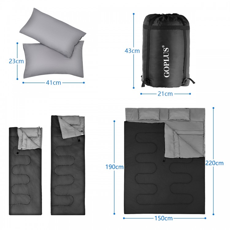 Double sleeping bag with two pillows, waterproof design, and travel bag, perfect for camping and outdoor activities.