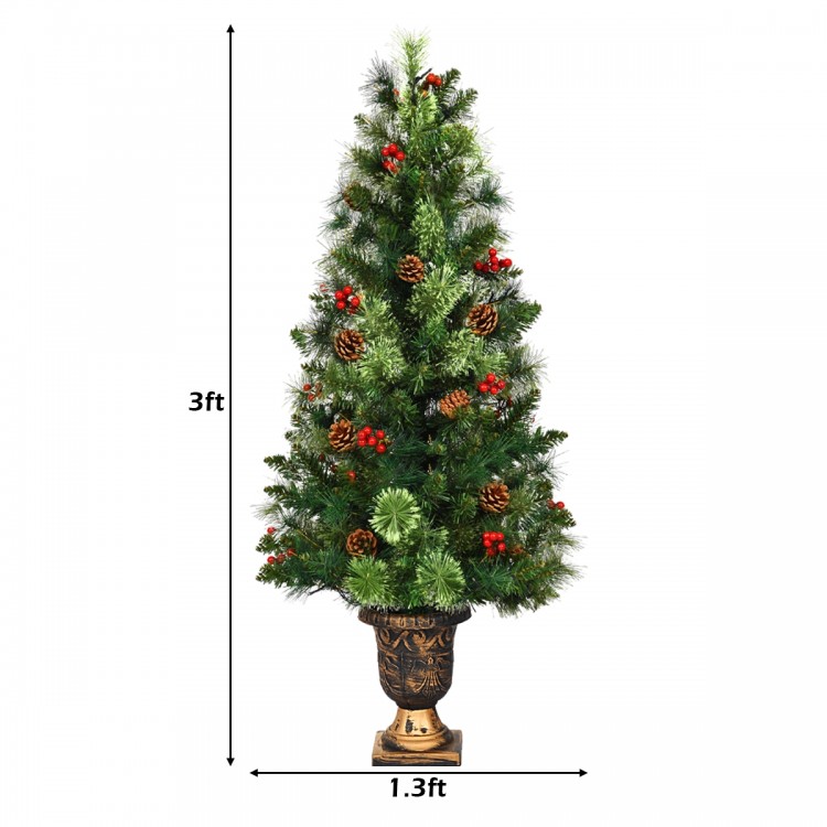 3ft LED Christmas entrance tree with red berries and pine cones in decorative pot, perfect for festive decor.