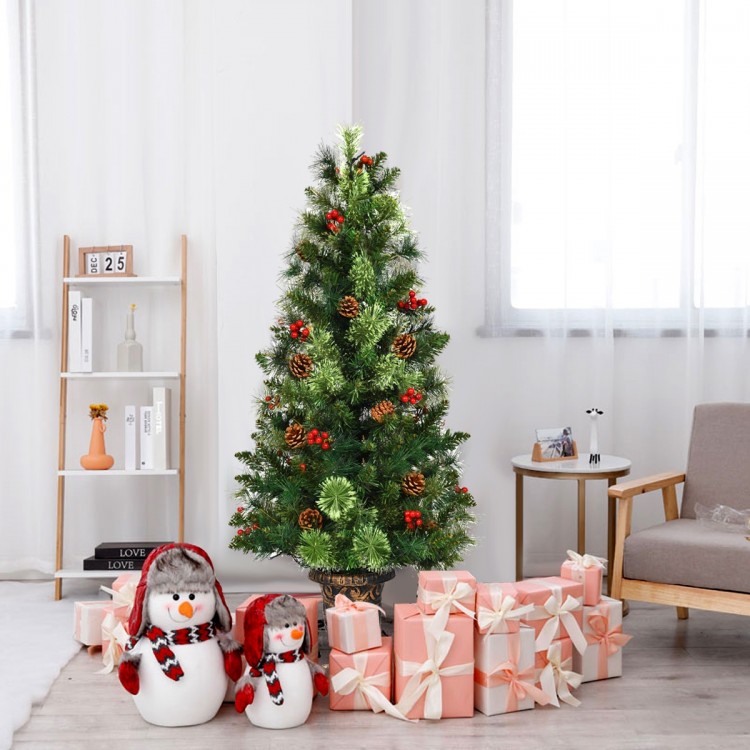 3-foot LED Christmas entrance tree decorated with red berries and pine cones, creating a vibrant holiday atmosphere.