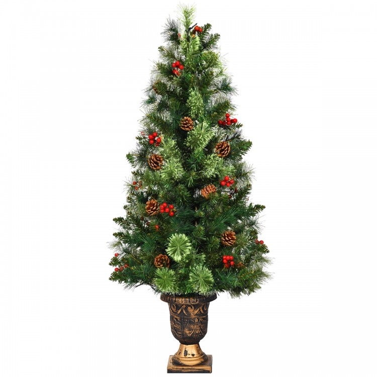 3' LED Christmas entrance tree with red berries and pine cones in a decorative urn, perfect for festive decor.