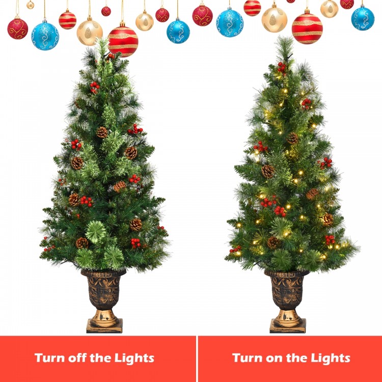 3' LED Christmas entrance tree with red berries and pine cones, featuring pre-lit warm white lights for festive decor.