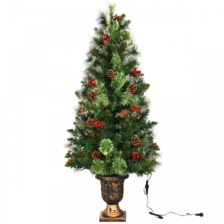 3-foot LED Christmas entrance tree with red berries and pine cones, pre-lit with warm white lights for festive decor.