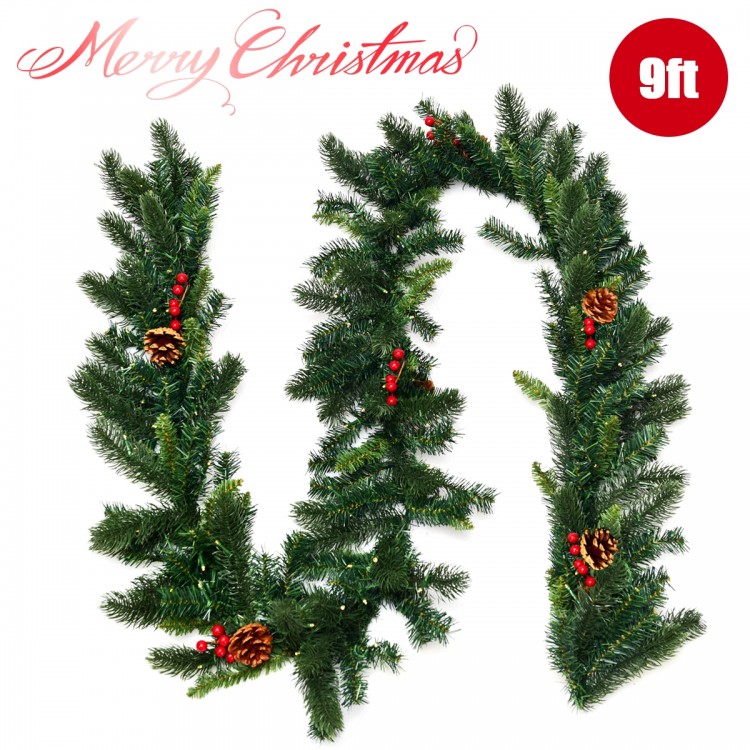 9FT pre-lit artificial Christmas garland showcasing vibrant red berries and pine cones, ideal for festive holiday.