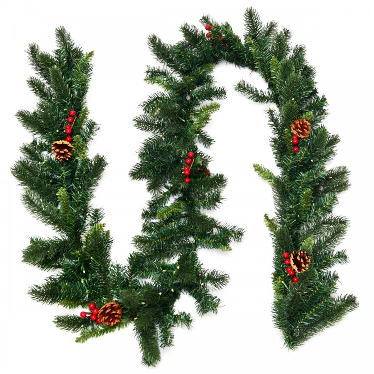 9FT pre-lit artificial Christmas garland with red berries and pine cones, perfect for indoor or outdoor festive.