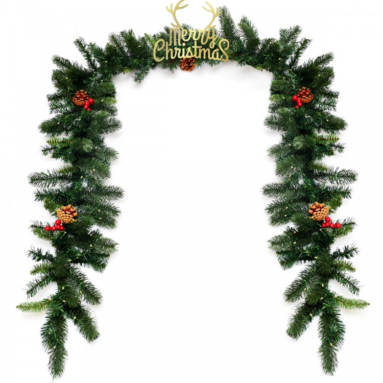 9FT pre-lit artificial Christmas garland with red berries and pine cones, featuring 100 LED lights for festive.