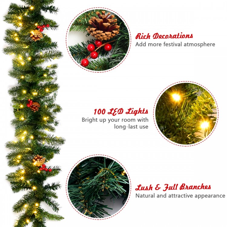 9FT pre-lit artificial Christmas garland with red berries and 100 LED lights, perfect for festive indoor or outdoor.
