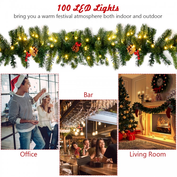 9FT pre-lit artificial Christmas garland with 100 LED lights, red berries, and pine cones for festive indoor and.