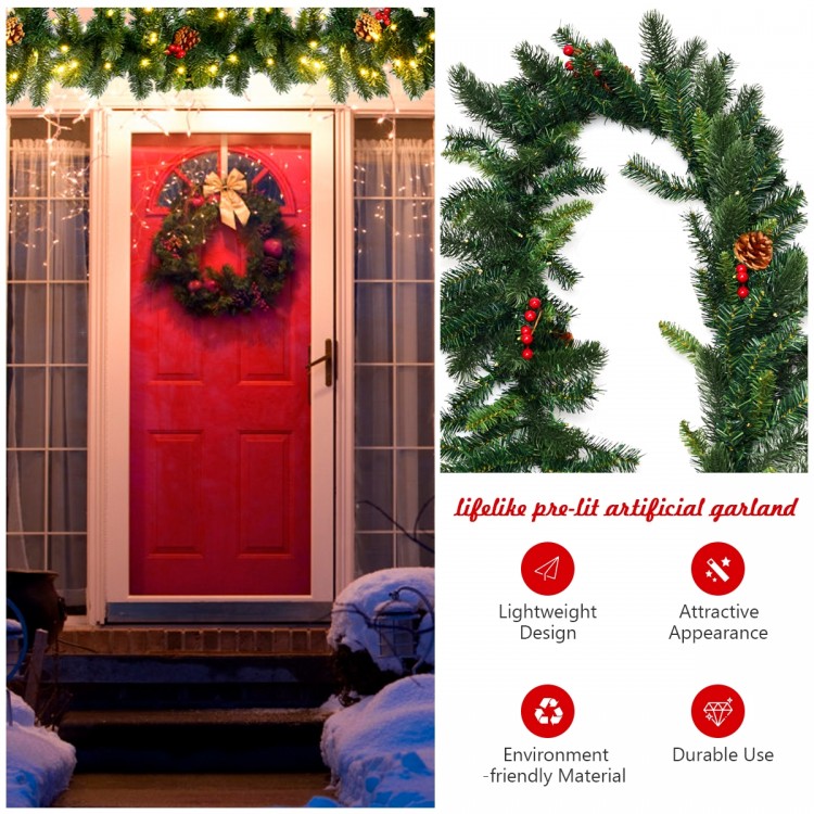 9FT pre-lit artificial Christmas garland with red berries and pine cones, perfect for indoor or outdoor holiday.