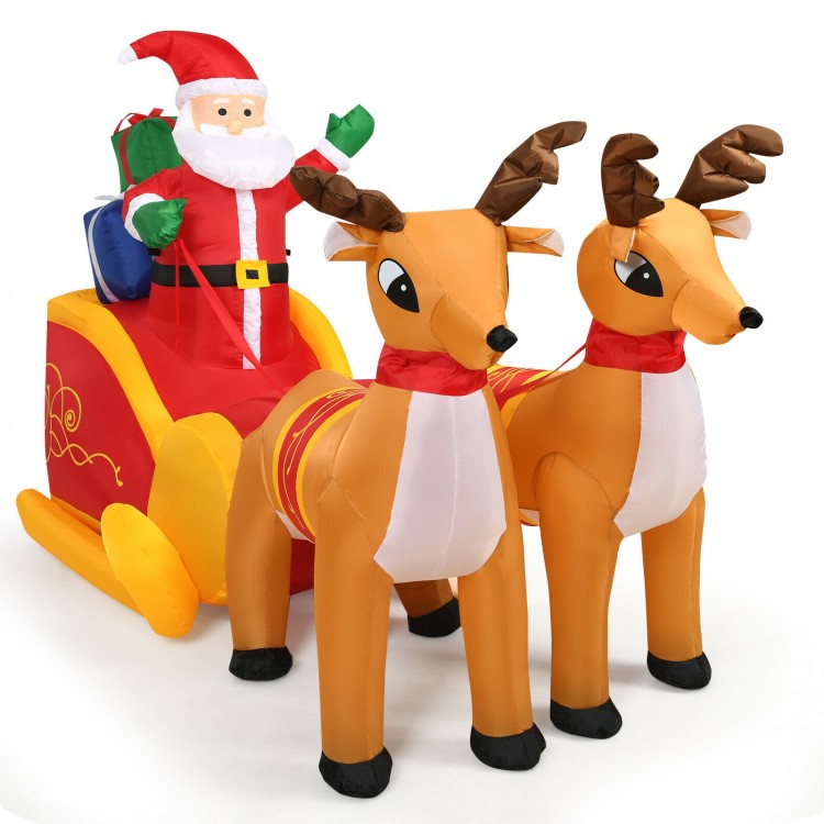 Full view of the 7.5 feet inflatable Santa on sled with double deer, featuring LED lights for a vibrant Christmas.