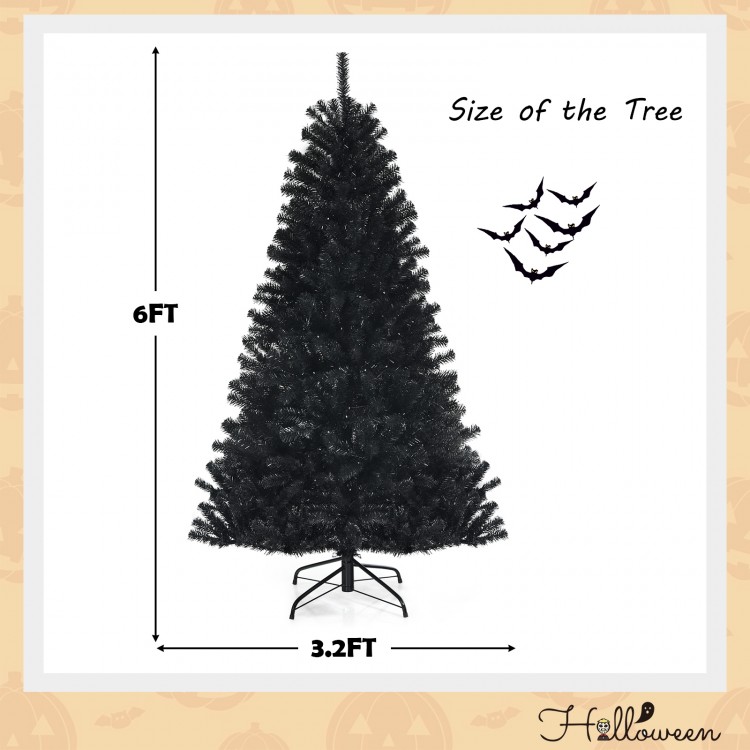 6ft black artificial Christmas Halloween tree with purple LED lights, featuring hinged branches for easy setup.