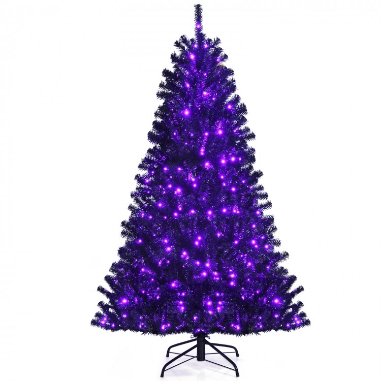 Black artificial Christmas Halloween tree with purple LED lights, 6ft tall, perfect for festive holiday decorations.