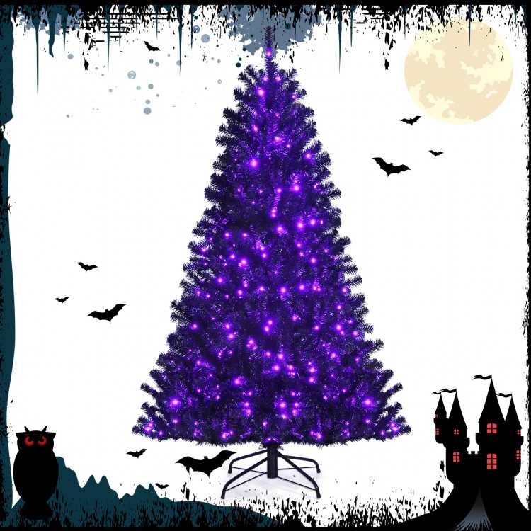 Black 6ft artificial Christmas Halloween tree with purple LED lights, perfect for festive decorations and parties.