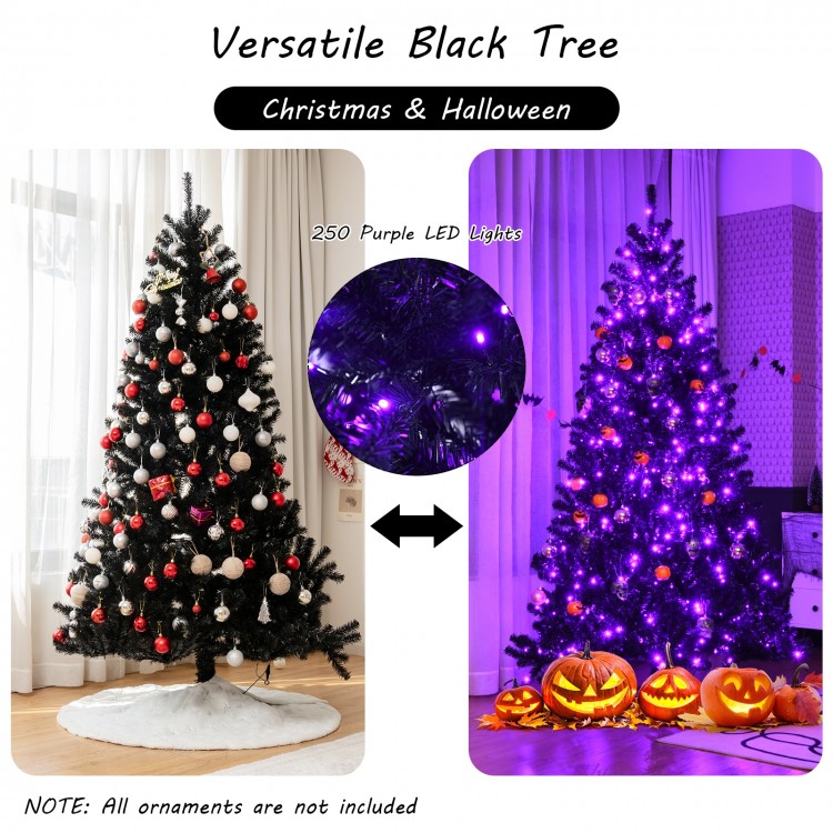 6ft black artificial Christmas and Halloween tree with purple LED lights, perfect for festive decorations and parties.