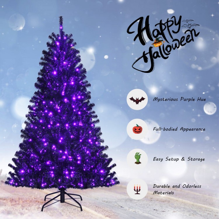 Black artificial 6ft Halloween tree with purple LED lights, featuring a full-bodied appearance for festive decoration.