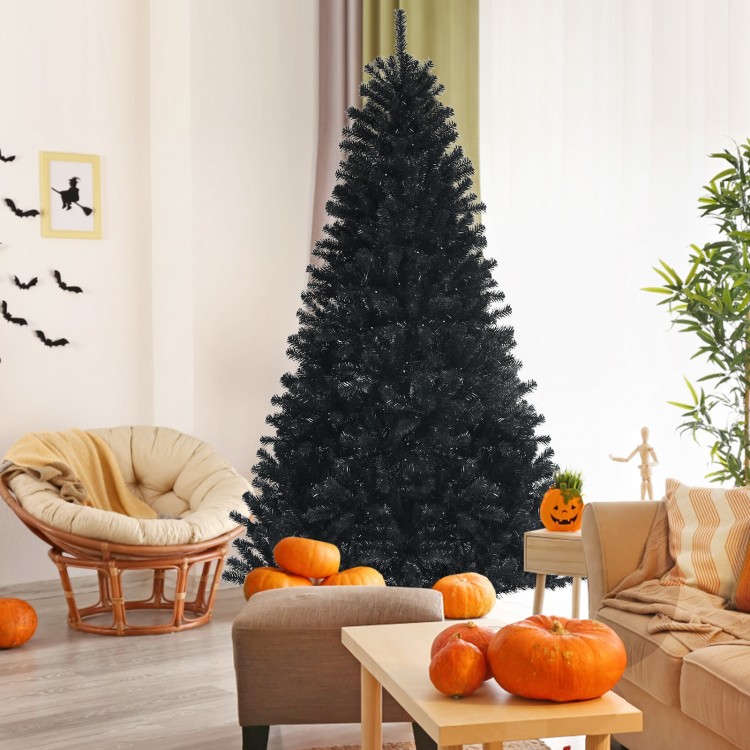 Black artificial Christmas Halloween tree with purple LED lights, 7ft tall, perfect for festive holiday decorations.