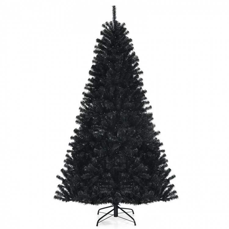 Black 7' artificial Christmas Halloween tree with purple LED lights, featuring lush branches and a sturdy stand for.