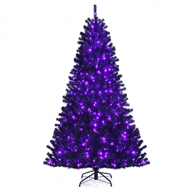 Black artificial Christmas Halloween tree, 7ft tall, adorned with purple LED lights for a festive atmosphere.