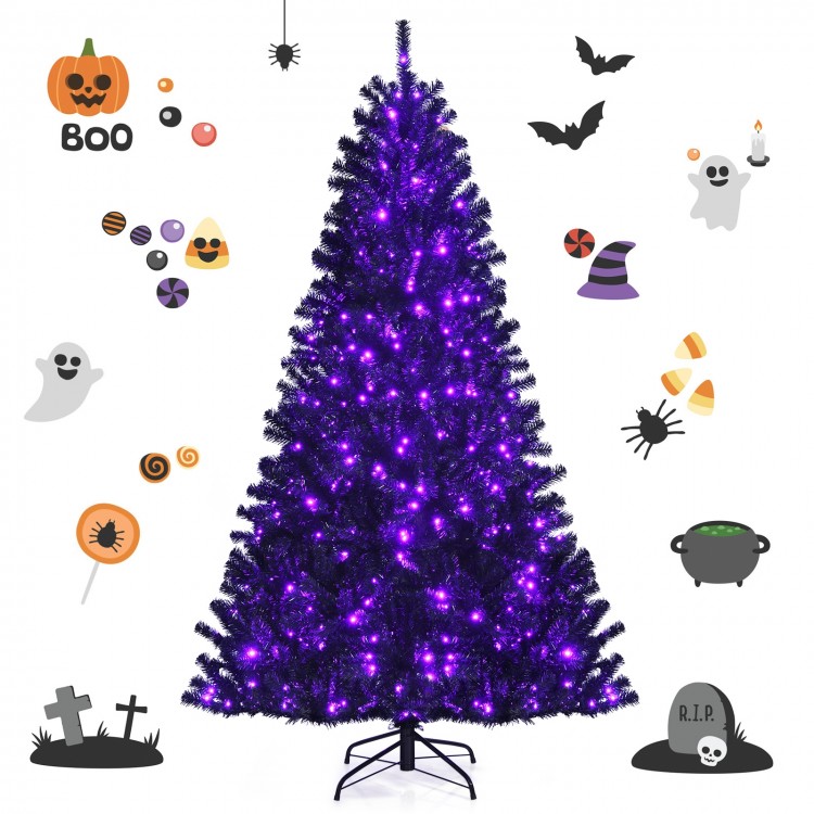Black artificial Christmas Halloween tree with purple LED lights, 7ft tall, perfect for festive decorations and parties.