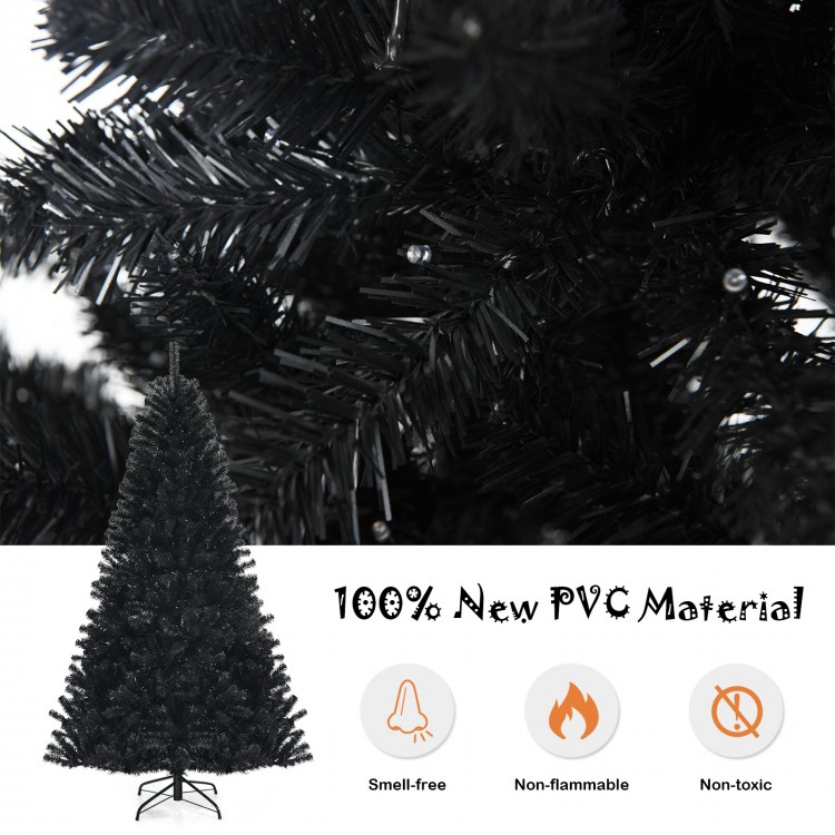 Black artificial Christmas Halloween tree with lush branches, 6ft tall, made of 100% new PVC, featuring purple LED.