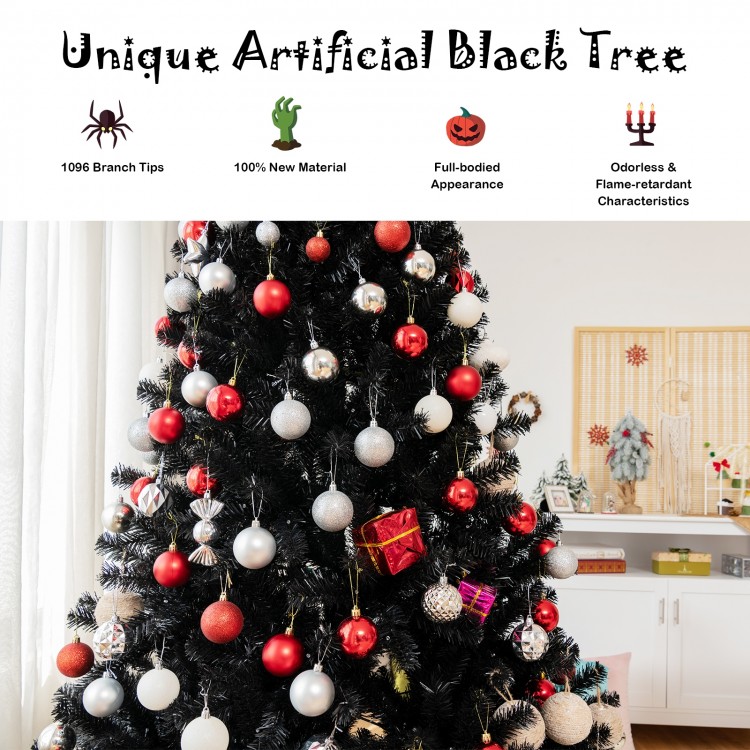 Black artificial Christmas Halloween tree with purple LED lights, 6ft tall, featuring lush branches for festive decor.