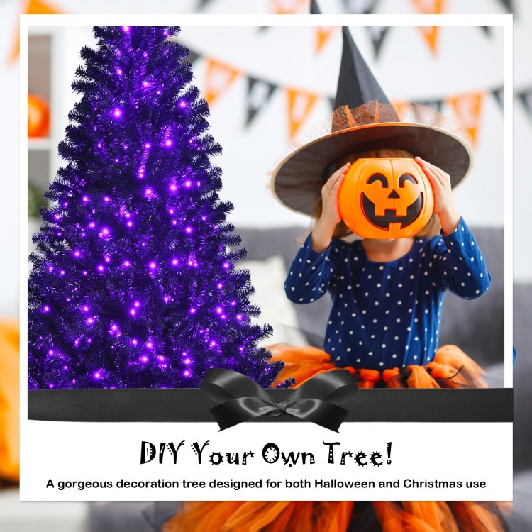 Black artificial Christmas Halloween tree with purple LED lights, 6ft tall, perfect for festive decorations.
