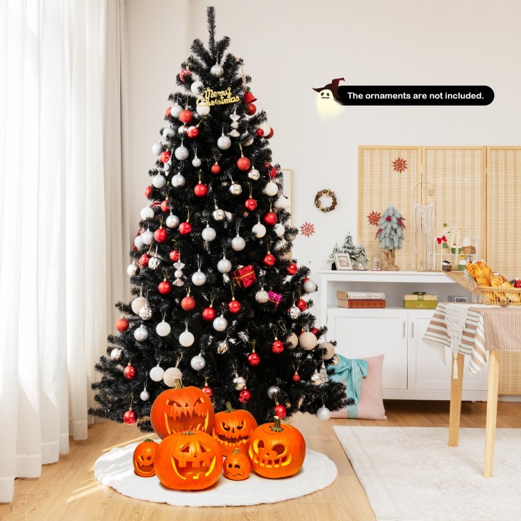 Black artificial Christmas Halloween tree with purple LED lights, 6ft tall, perfect for festive holiday decorations.